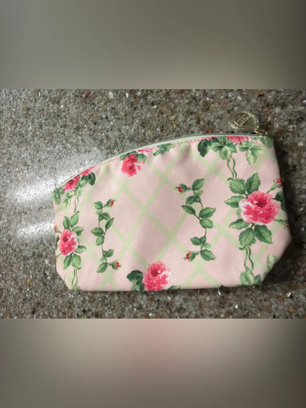 Estee Lauder Pink Floral Zip Cosmetic Pouch with Gold Logo Accent